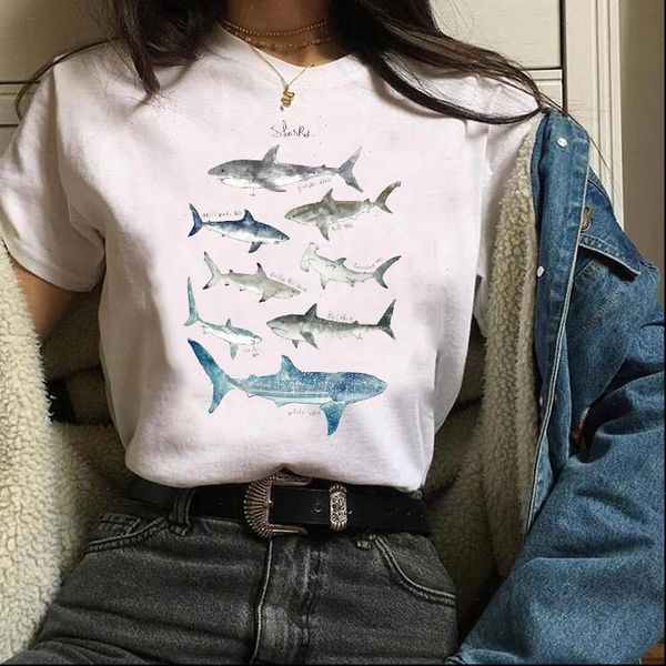 

women lady tees graphic shark cartoon animal printing cute print clothing 90s clothes female t shirt womens t shirt, White