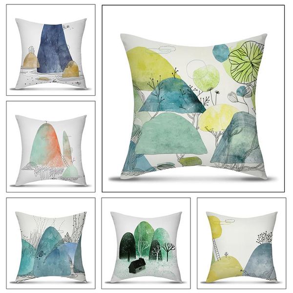 

pillow case ink forest mountain landscape cushion cover flower plants square seat sofa car 45x45cm