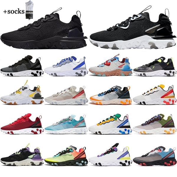 

new react element 55 87 men women running shoes triple black white iridescent anthracite mens trainers sports sneakers breathable 36-45