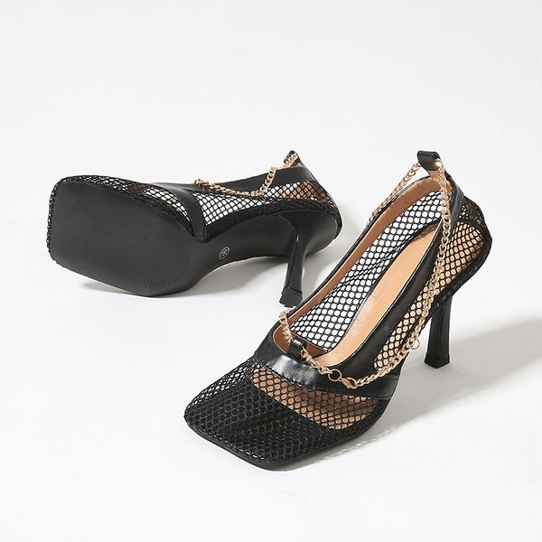 

women sandals summer shoes sandals woman high heels thin lace square toe chain leather fishnet mesh hollow breathable shoes, Black