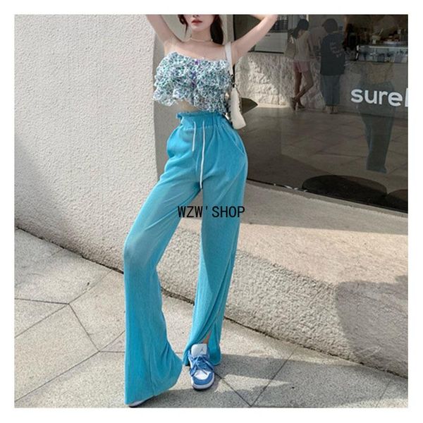 

women's two piece pants women two-piece set chiffon foral print ruffles pleated camisole strap split striped wide leg, White