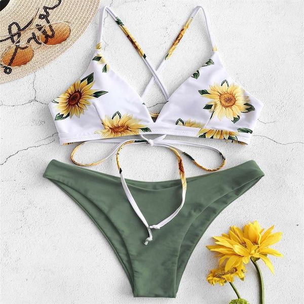 

2020 new split women's print lace up swimsuit bikini, White;black