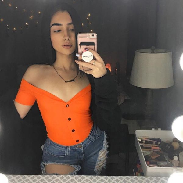 

women's t-shirt v-neck orange women fashion button short sleeve skinny slim regular summer casual t shirts female, White