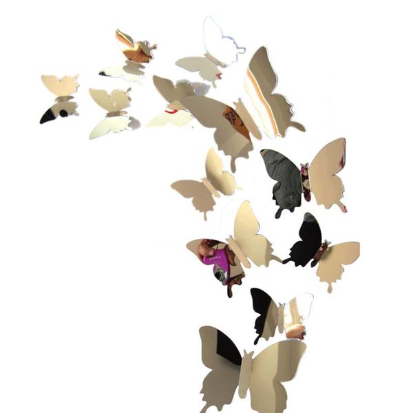 

12 pcs/lot pvc mirror sliver 3d butterfly wall stickers butterflies decors for wedding party diy home kitchen fridge decoration