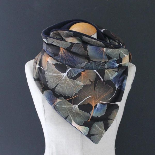 

scarves 40#women casual ginkgo biloba printing scarf fashion retro multi-purpose shawl button winter windproof warm, Blue;gray