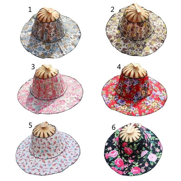 

wide brim hats bamboo foldable hand fan sun hat women sunhat with 2 in 1 chinese style frame floral printed, Blue;gray