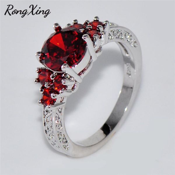 

wedding rings rongxing classic round red crystal zircon engagement for women silver color birth stone ring female jewelry, Slivery;golden