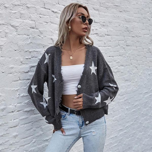 

women's knits & tees tassel sweater spring autumn short style star print v neck ladies loose cardigan single breasted knitted wear for, White