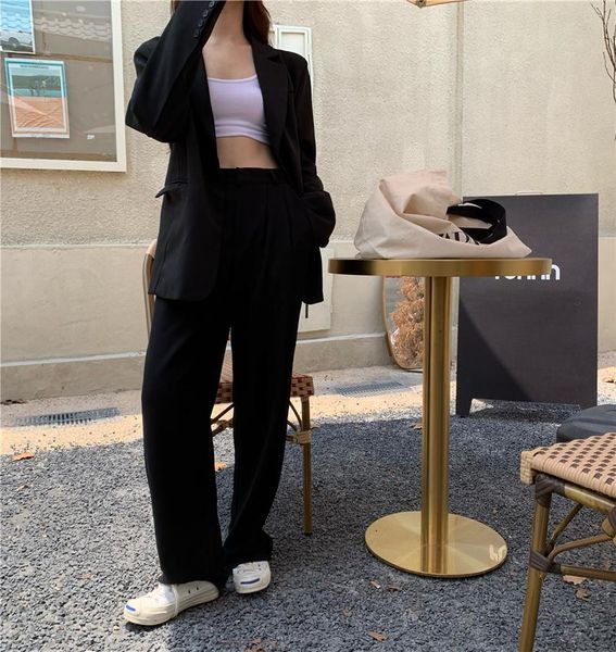 

women's two piece pants black 2021 retro all match ol solid women blazers+ elegant loose vintage straight trouser suits 2 sets, White