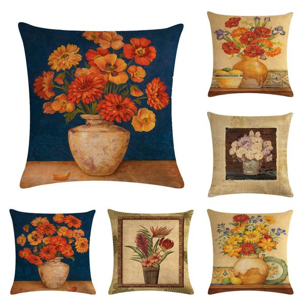 

45cm*45cm oil painting with pots flower design linen/cotton throw pillow covers couch cushion cover home decorative pillows