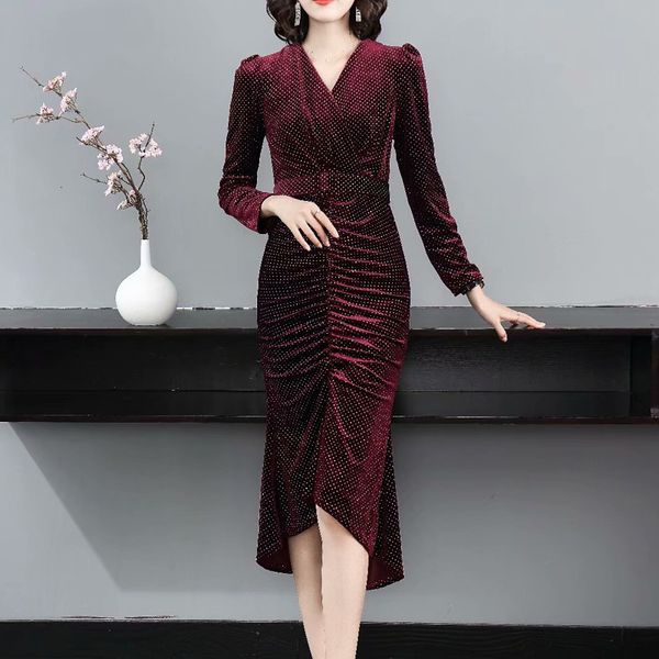 

runway spring new style women polka dot print velvet slim long sleeve elegant chic v-neck party fashion midi dress v513, Black;gray