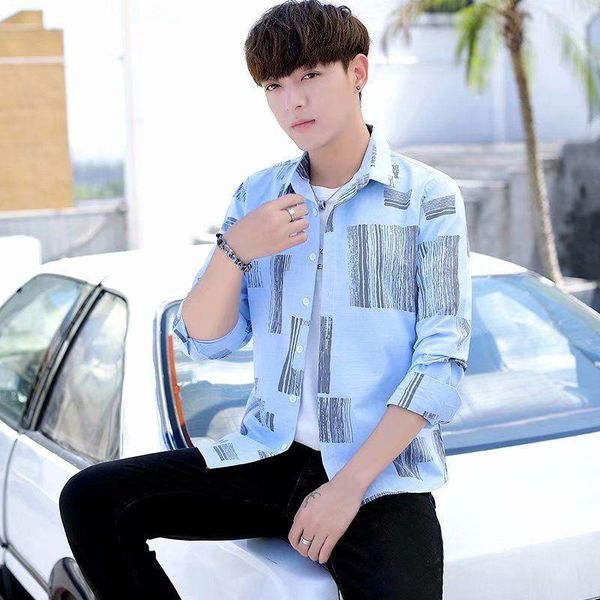 

korean casual shirt youth student printing long-sleeved slim shirt men's summer handsome, White;black