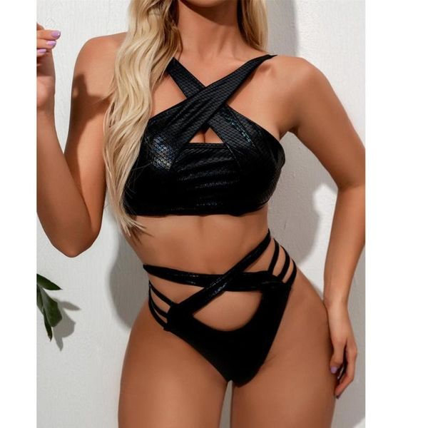 

one-piece suits deep v python print bikini set for women push-up pad tow-piece swimsuit high waist bandage beach swimwear