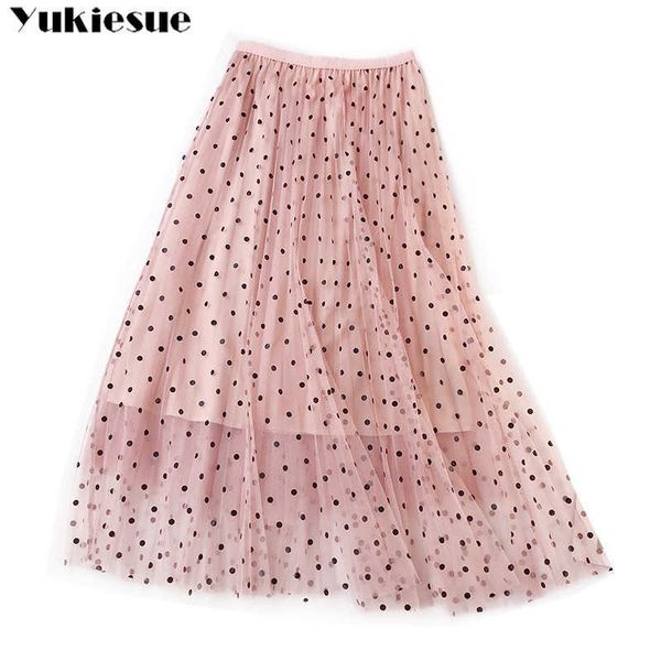 

spring summer dot print tulle skirt women pleated shiny tutu skirt a-line mesh midi female long elegant solid 210608, Black