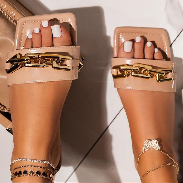 

slippers women square toe sandals ladies fashion casual pu shoes chain plus size beach footwear female slides outdoor, Black