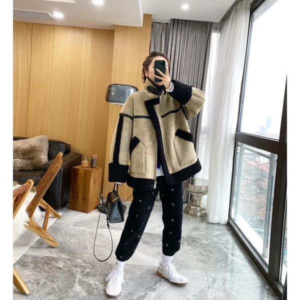 

women's fur & faux women thicken warm coat female teddy sheepskin bomber jacket winter loose suede leather outwear m53, Black