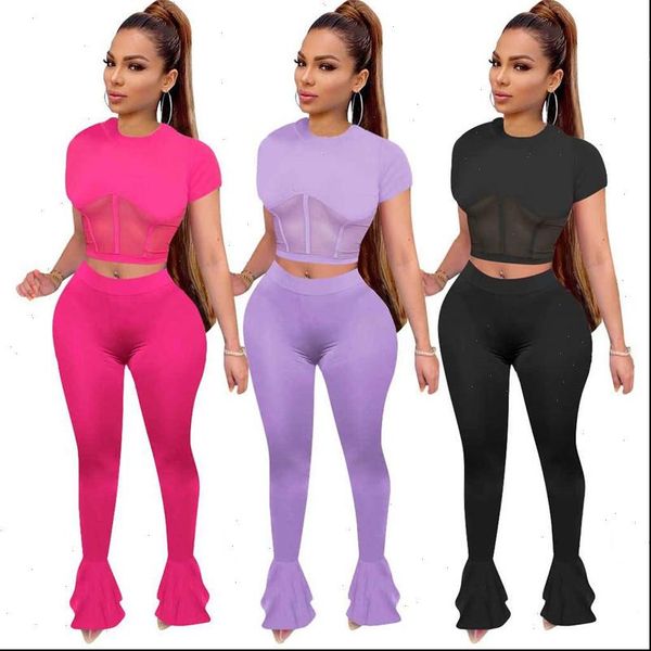 

2021 women 2 pieecs set streetwear mesh see through patchwork t shirt crop high waist flared bell pants bottoms, Gray