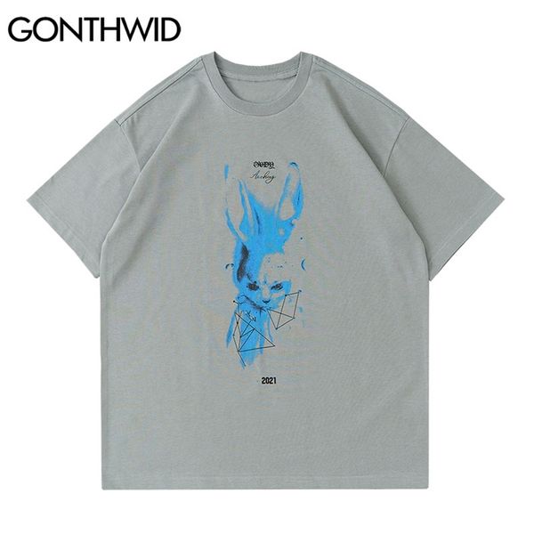 

oversized tshirt streetwear graffiti geometry bunny print tees shirts hip hop harajuku casual loose cotton 210602, White;black