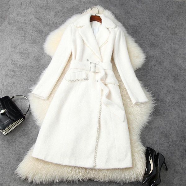 

women's wool & blends beading long coat winter women turn down collar lace up woolen jackets thick warm overcoat party outwear, Black
