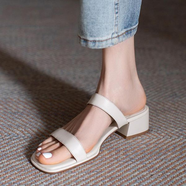 

slippers women genuine leather open toe summer women's shoes med heels concise beige black fashion wedding woman