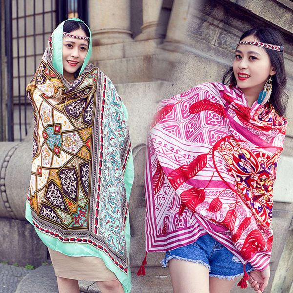 

spring super large women beach towel cotton hemp summer sunscreen shawl ethnic style long scarf, Blue;black