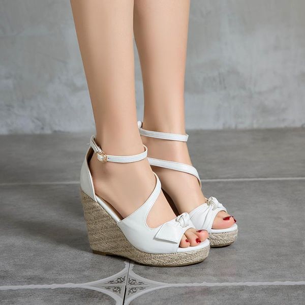 

sandals summer women leisure slope heel concise comfortable lovely sweet office lady bowknot decoration multicolor, Black