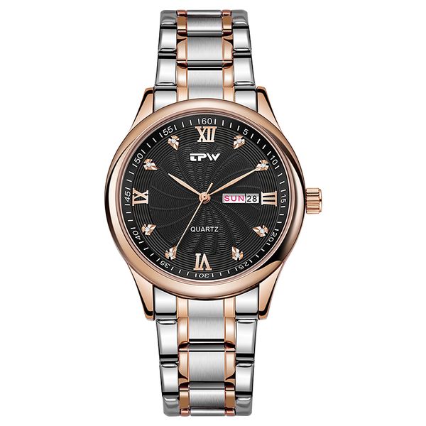 

watches tpw men's analog quartz watch with diamond full stainless steel case strap japan movement, Slivery;brown
