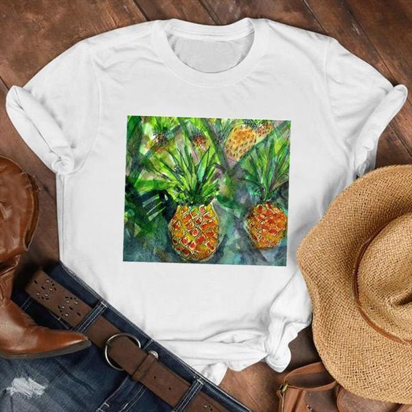 

90s pineapple painting fruit women beach holiday cartoon clothes tee womens female print t graphic, White