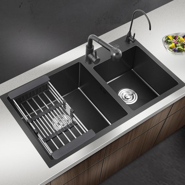 

2021 new sus304 black-thickened stainless steel brushed manual double-barrel kitche bag nano double undermount sink 5e0p