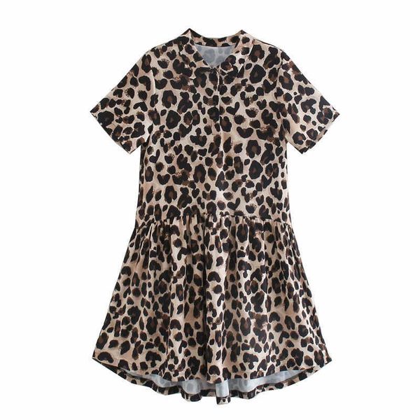 

za animal print mini dress retro leopard dress lapel collar short sleeve front button female high street short dresses 210602, Black;gray