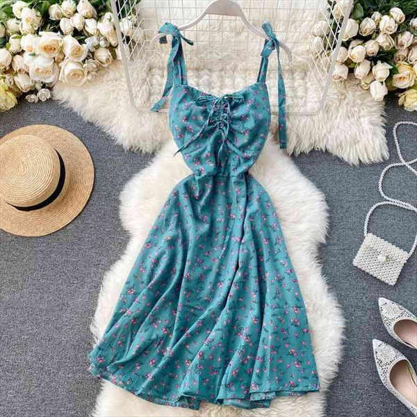 

v neck drawstring floral print midi long dress summer spaghetti strap dress party women casual elegant beach a-line, White