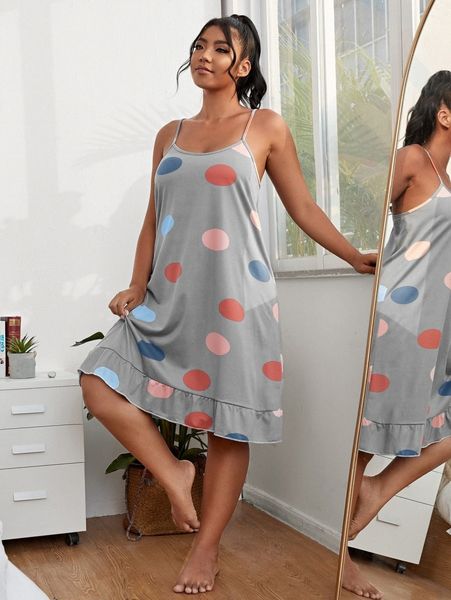 

plus geo print ruffle hem night dress s2mt#, Black;white
