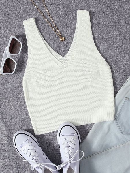 

double v neck ribbed knit t6gy#, White