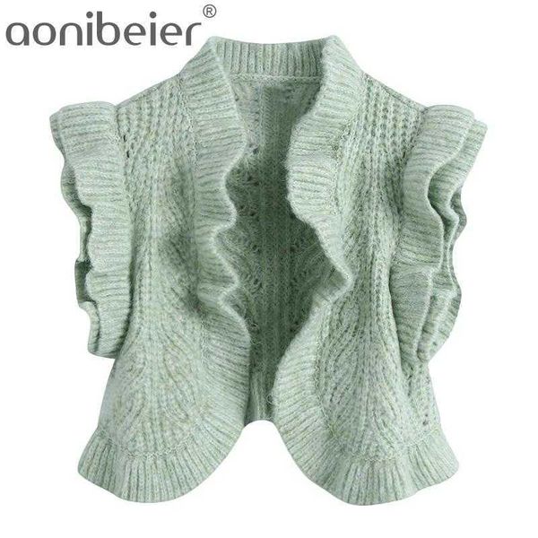 

spring autumn short cardigan vest women casual sleeveless ruffles sweater clothes outwear 210604, White