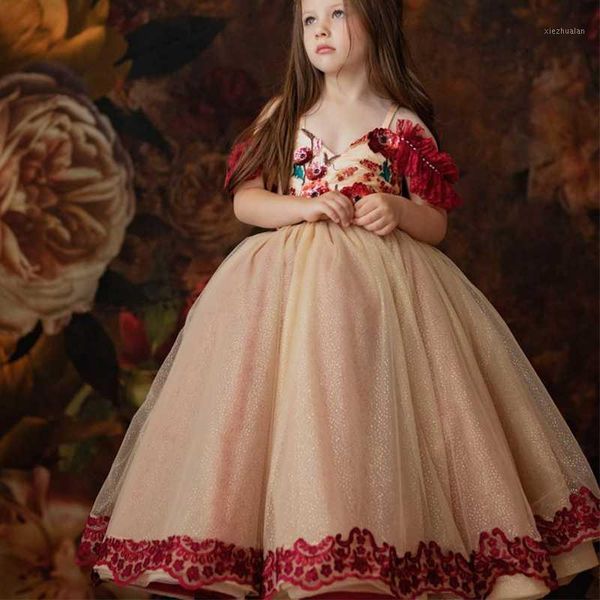 

cute flower girl dresses for wedding v neck lace appliques puffy girls pageant gowns little princess birthday dress1, Red;yellow