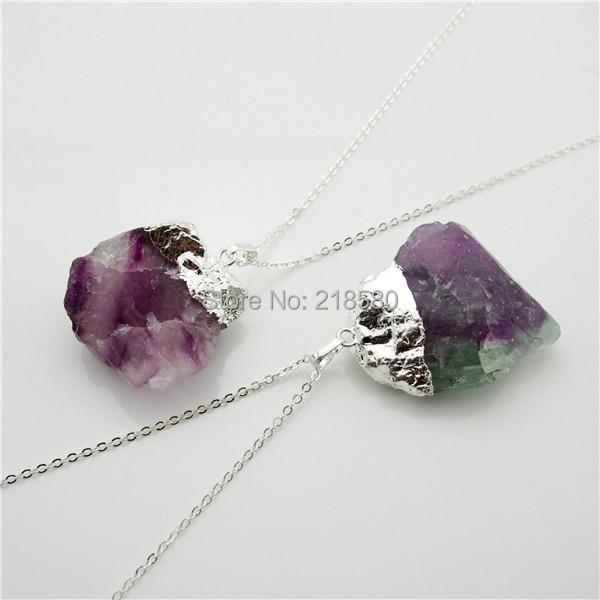 

pendant necklaces qn315 rainbow raw rough fluorite stone necklace silver plated