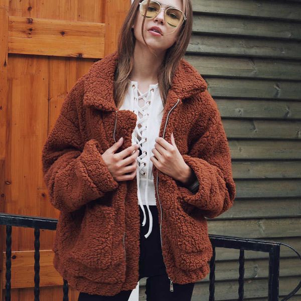 

women jacket 2021 autumn winter jacket fashion female coat new zipper sweaters lapel loose fur jacket women outerwear women coat v191209, Black;brown