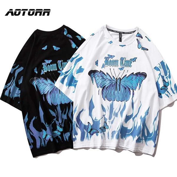 

mens hip hop tshirts blue butterfly streetwear men harajuku summer short sleeve t-shirt cotton tees male oversize clothes 210317, White;black