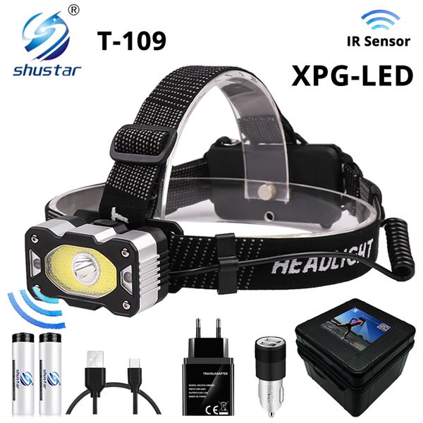 

ir sensor led headlamp with xpg+cob super bright fishing headlight 4 lighting modes waterproof camping powered by 18650 battery