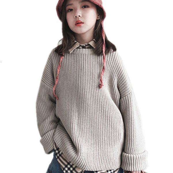 

2021 new retro design long sleeve children loose style girl sweater elegant gray coffee mesh 5i1p, Blue