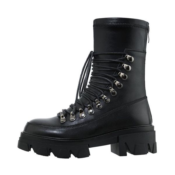

boots round toe high heels platform winter mixed colors mid-calf 2021 european style rivets lace up genuine leather, Black