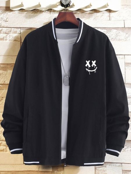 

men smile print striped trim zip up bomber jacket 351x#, Black;brown