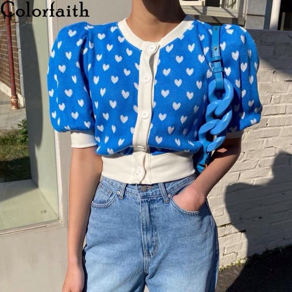 

women's t-shirt colorfaith 2021 women summer bottoming basic knitted vintage polka dot single breasted korean lady short t1333, White