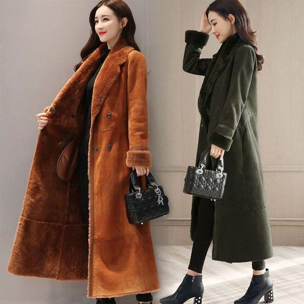 

women's fur & faux winter style one-piece plush warm cotton coat midi pure, Black