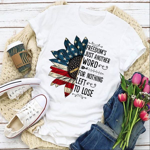 

women graphic flower usa flag american patriotic print style summer lady womens clothing clothes tee female t shirt, White
