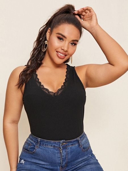 

plus lace trim rib-knit tank x5sm#, Black