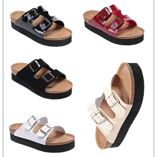 

boken famous brand arizona brik men flat heel cork slippers women genuine leather casual sandals with buckle summer beach thick bottom shoes, Black