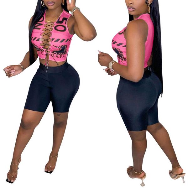 

women's tracksuits women two-piece clothes set, deep v-neck tie up sleeveless crop and high waist shorts, yellow/ blue/ rosy, Gray