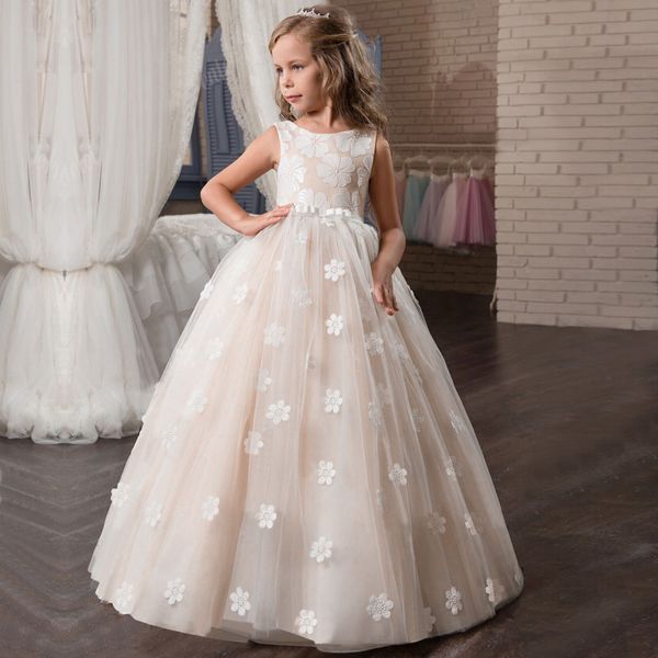 Çiçek Kız Elbise Düğün Genç Çocuklar Için Prenses Parti Uzun Mezuniyet Kıyafeti Bebek Çocuk Kız Yaz Giysileri için Elbiseler 210303