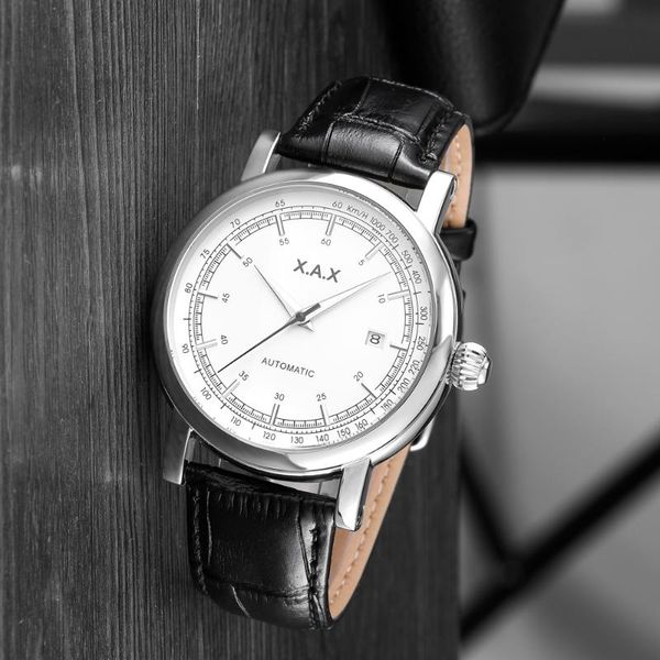 

wristwatches wrist watch men mechanical movement leather band large case automatic wristwatch male water proof 30meters steel back, Slivery;brown
